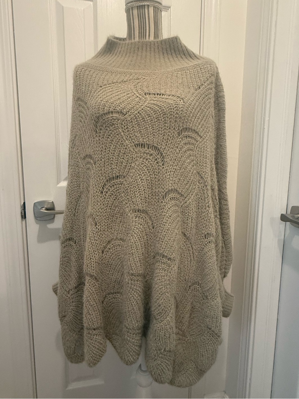 eesome Taupe Knit Poncho with Ribbed Funnel Neck